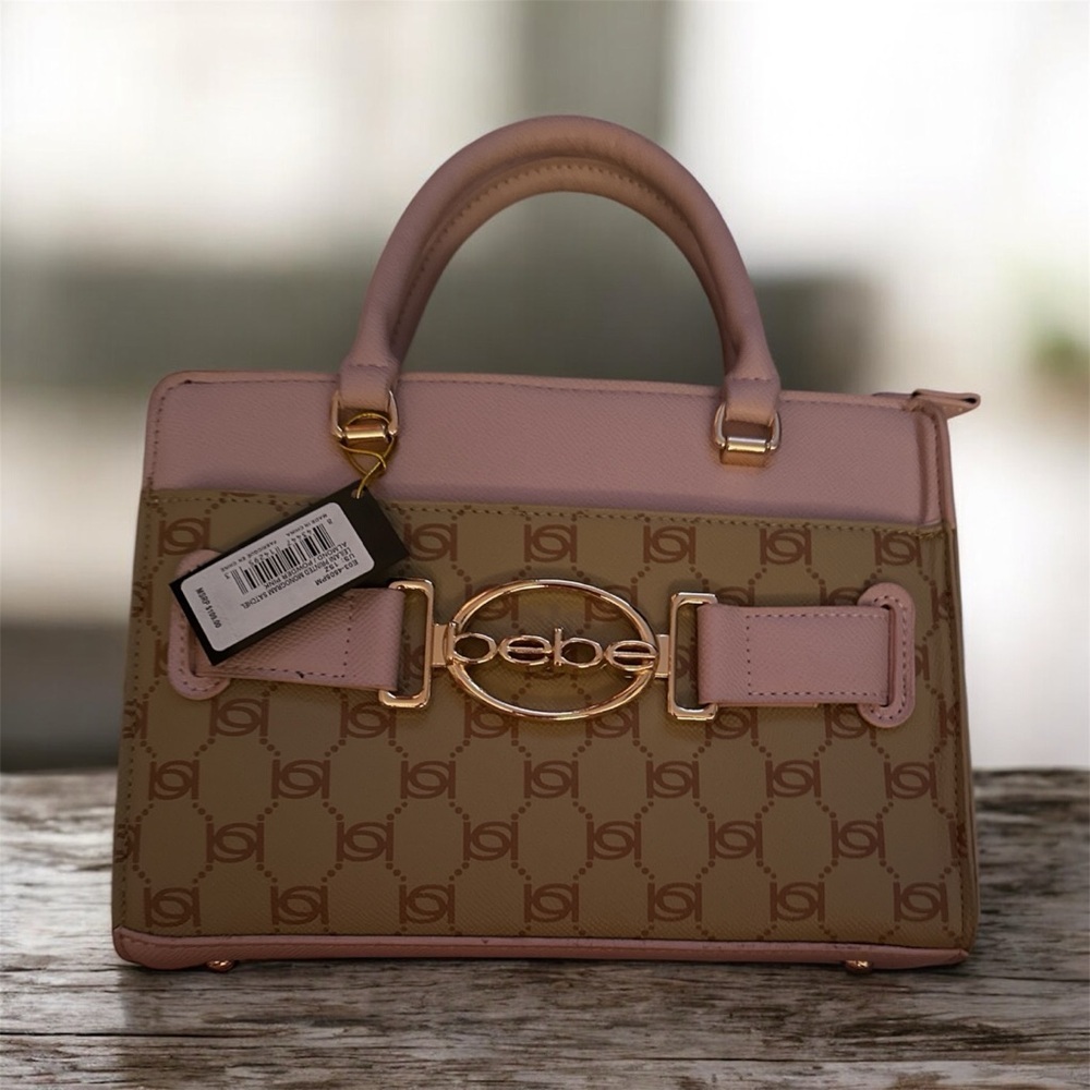 Bebe Leilani Printed Monogram Satchel in color, Almond/Powder Pink. Brand New